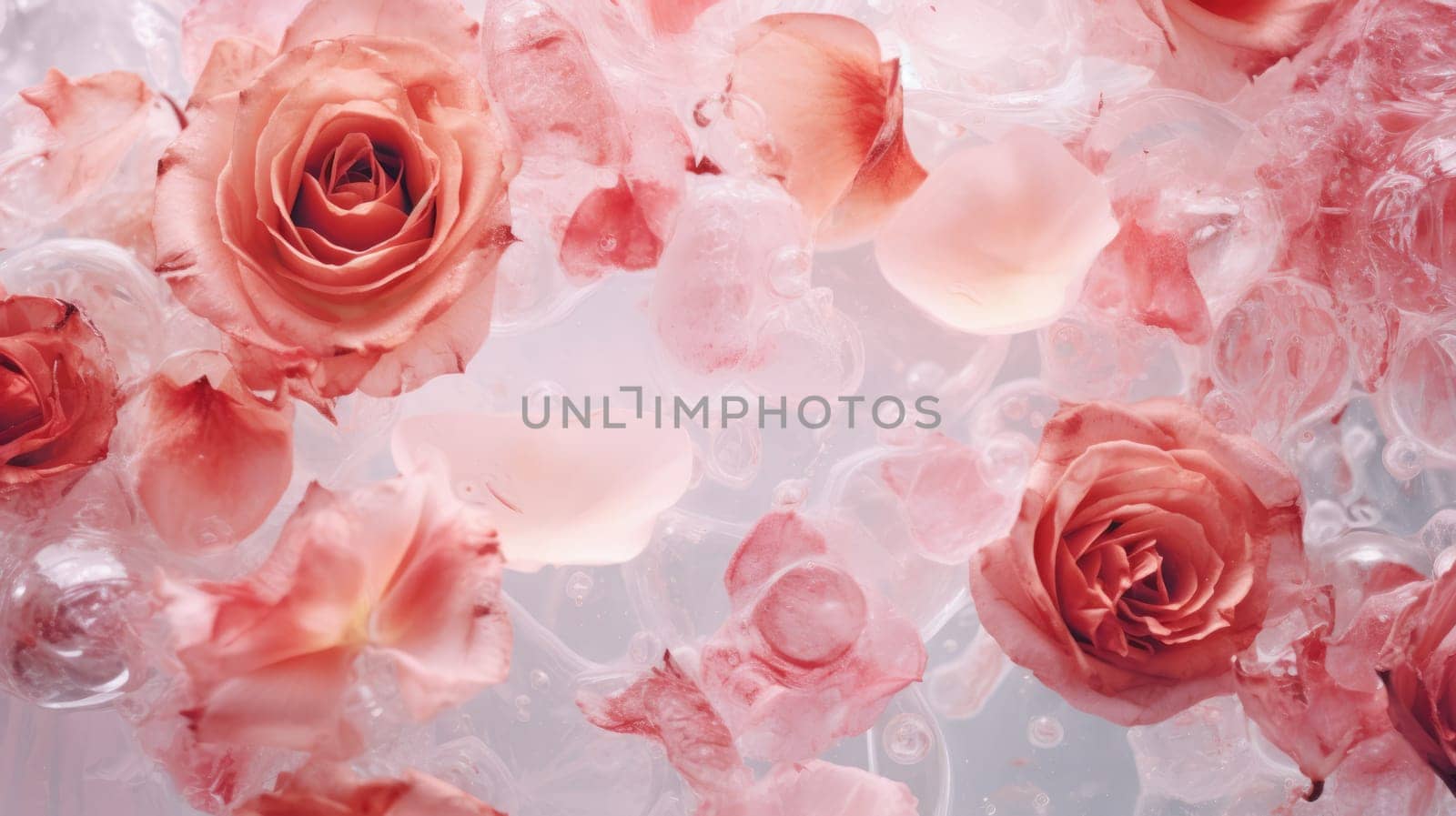 Abstract background of close up of pink and red frozen flowers in ice AI