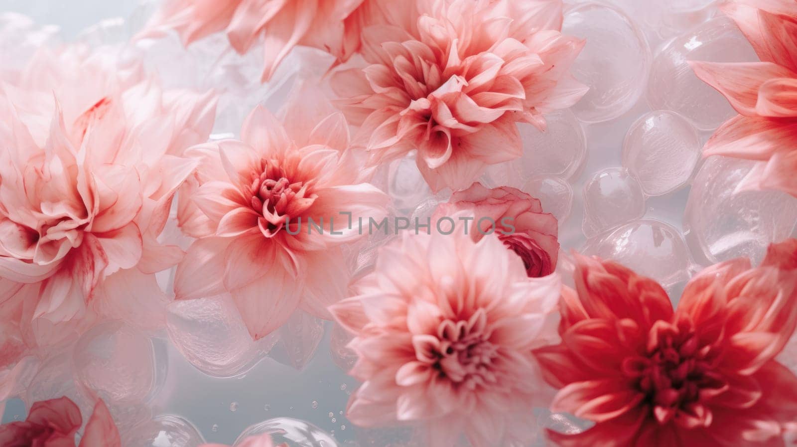 Abstract background of close up of pink and red frozen flowers in ice AI