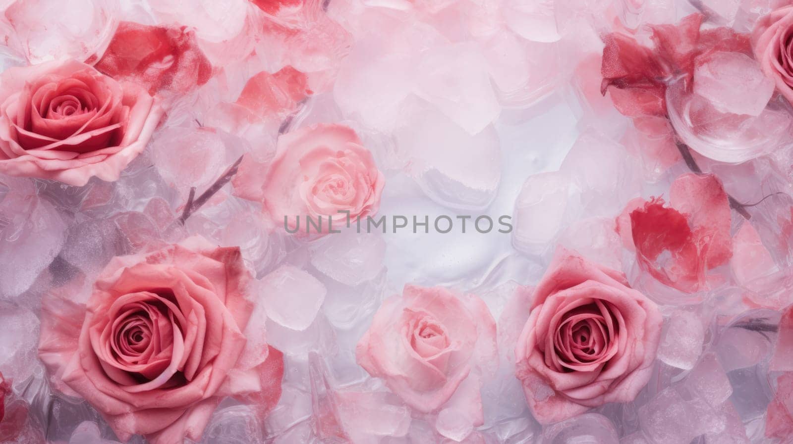 Abstract background of close up of pink and red frozen flowers in ice AI