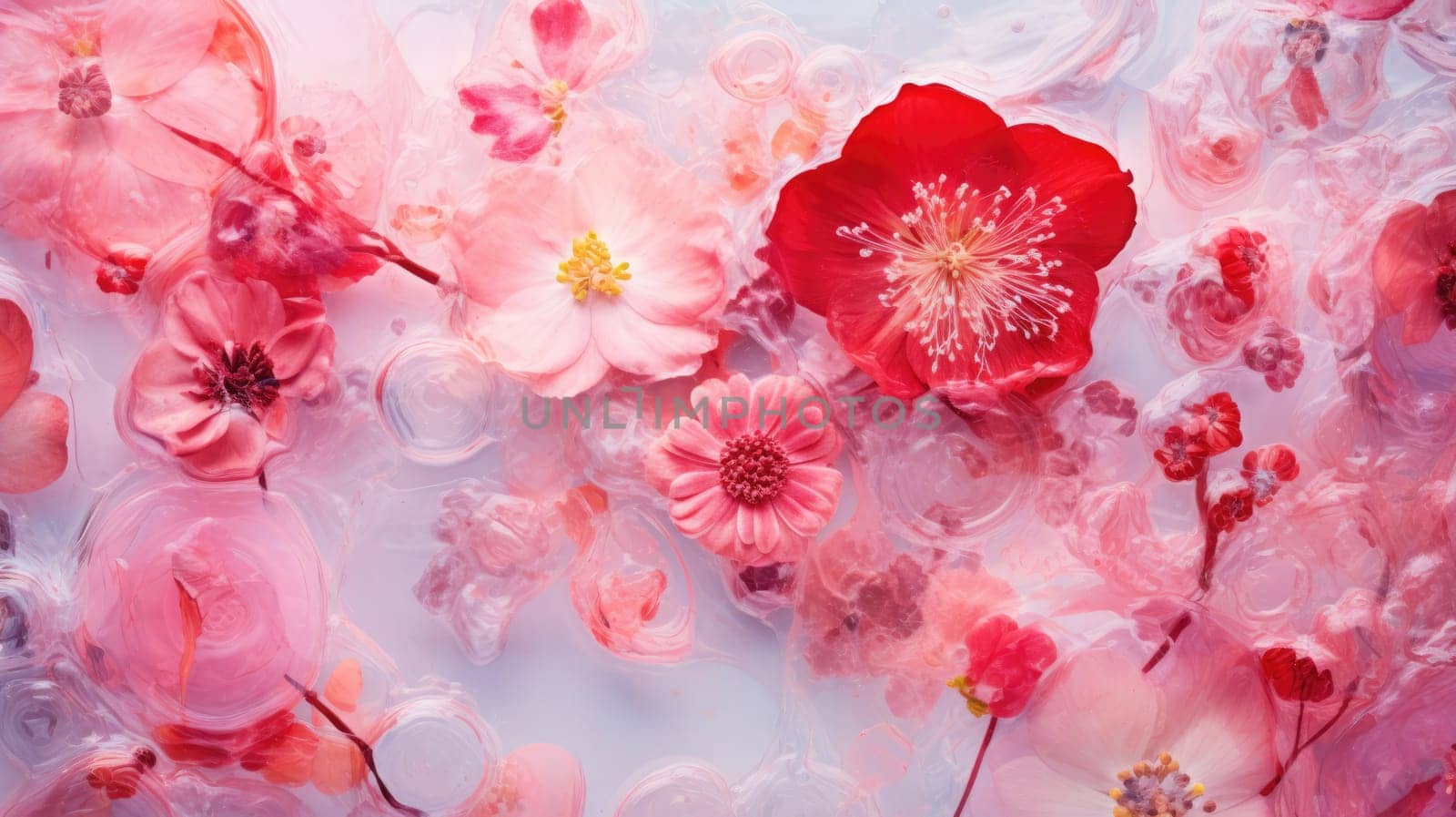 Abstract background of close up of pink and red frozen flowers in ice AI