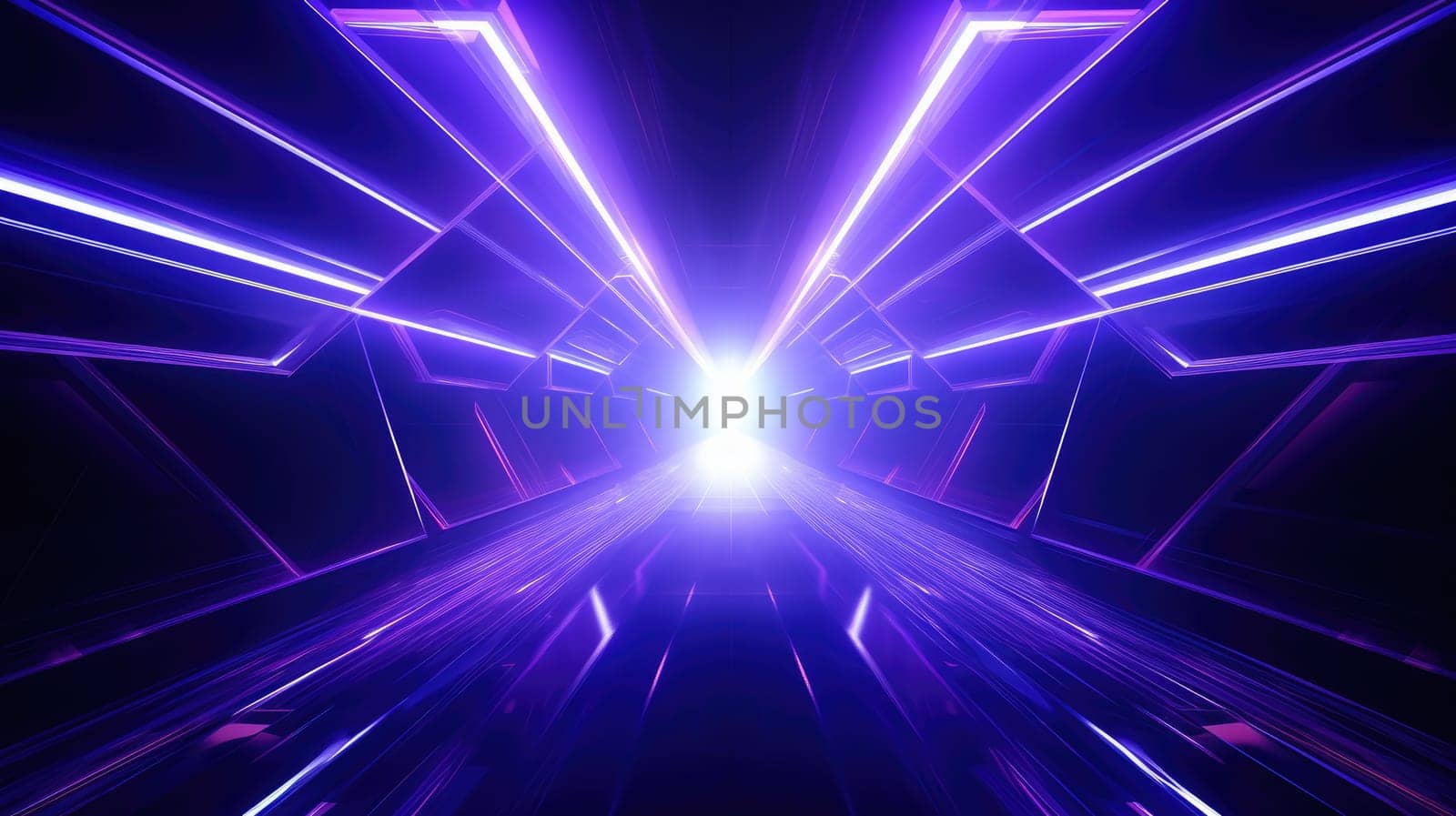 Abstract futuristic neon background, ultraviolet tunnel with rays AI