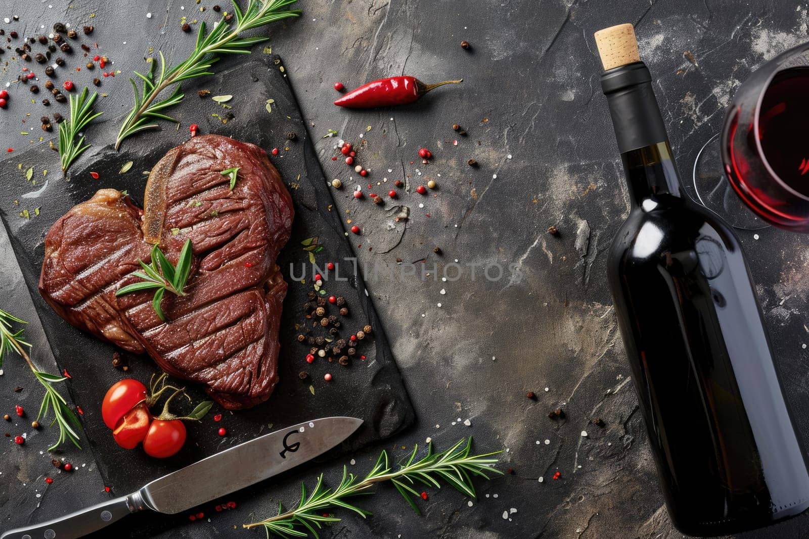 grilled beef steak for valentines day pragma in black background