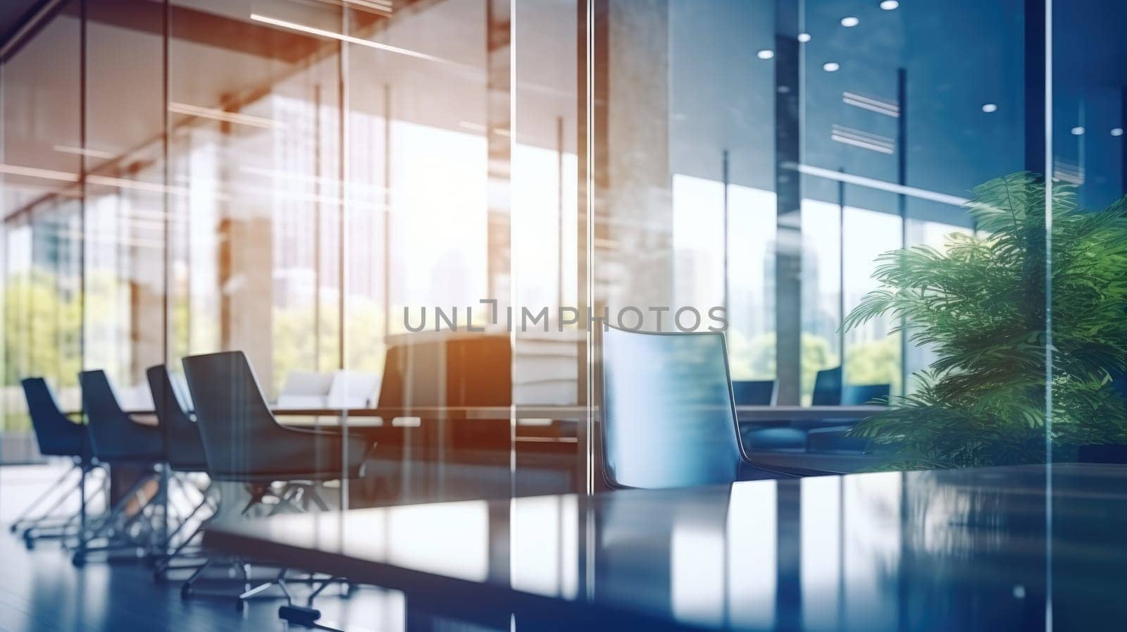 Blur background. Empty office open space interior. Business conference company background AI