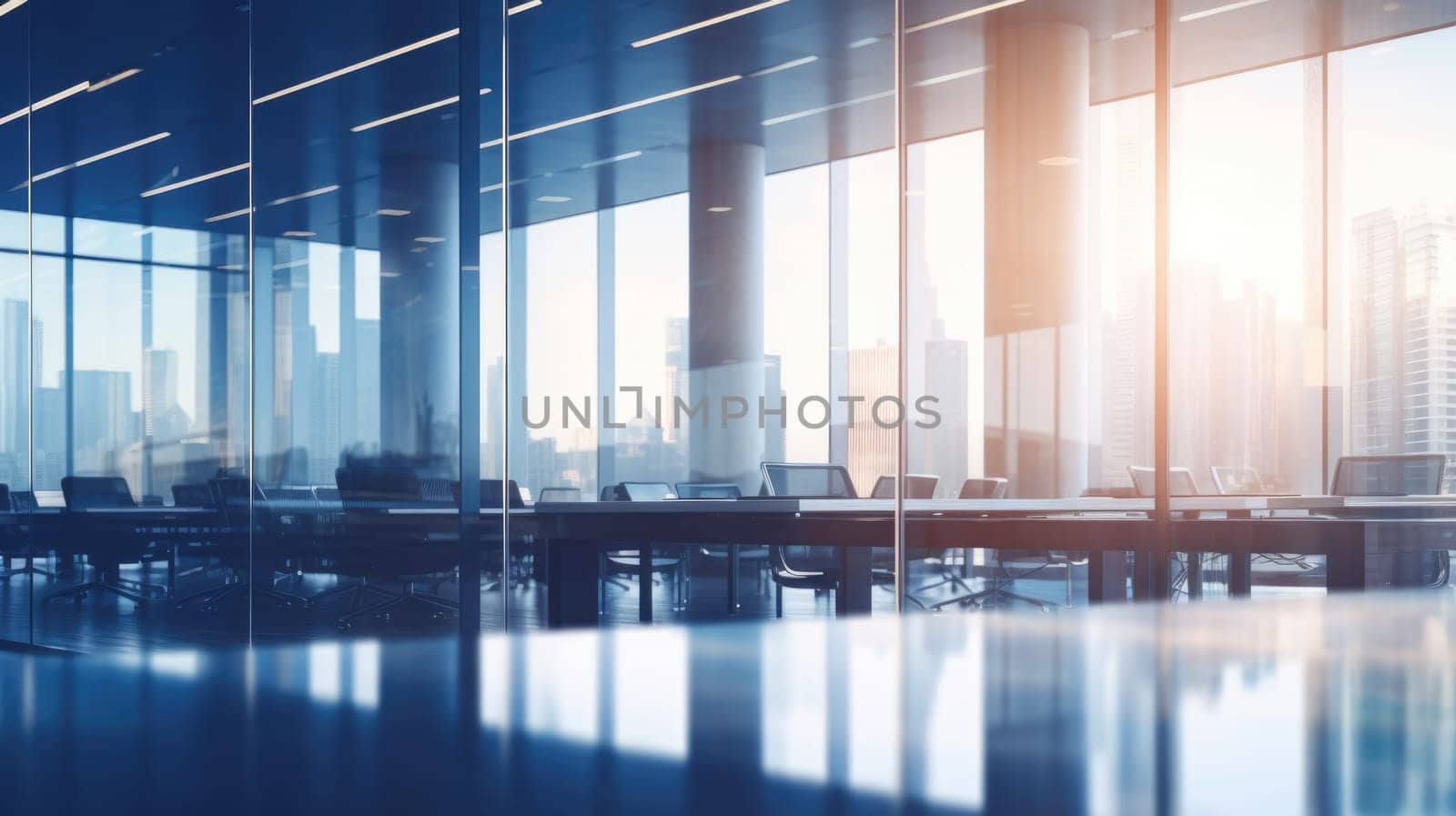 Blur background. Empty office open space interior. Business conference company background AI