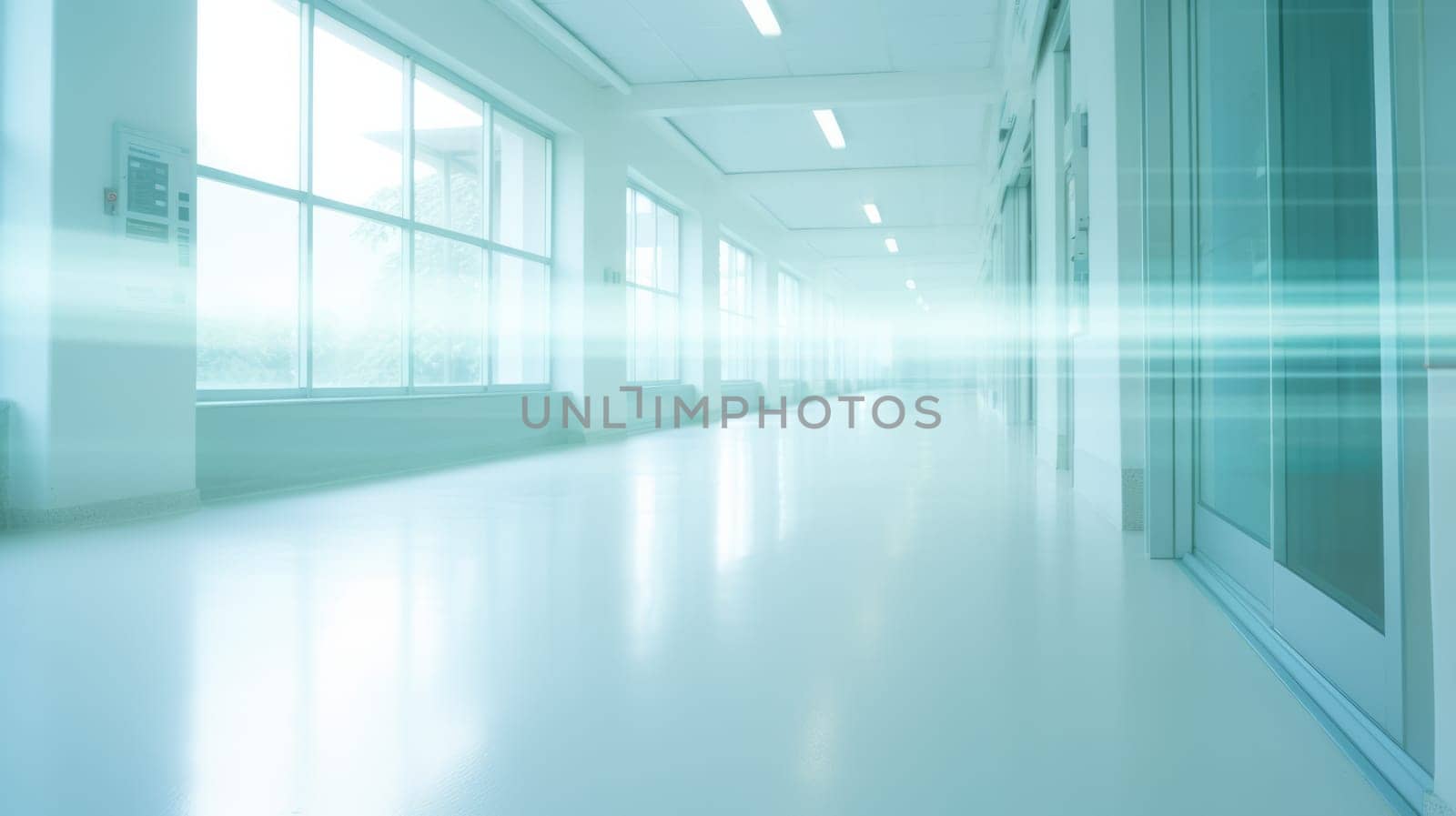 Blur image background of corridor in hospital or clinic. Modern hospital interior, medical and healthcare concept AI
