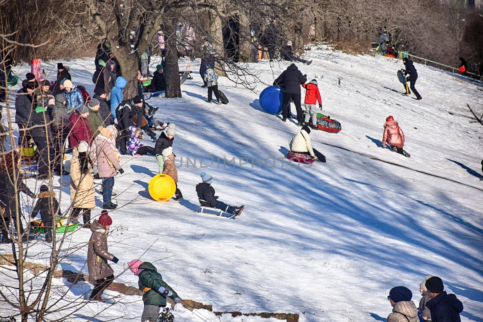 Happy family father, daughter and son are sledding in snow. Happy holidays. by IaroslavBrylov