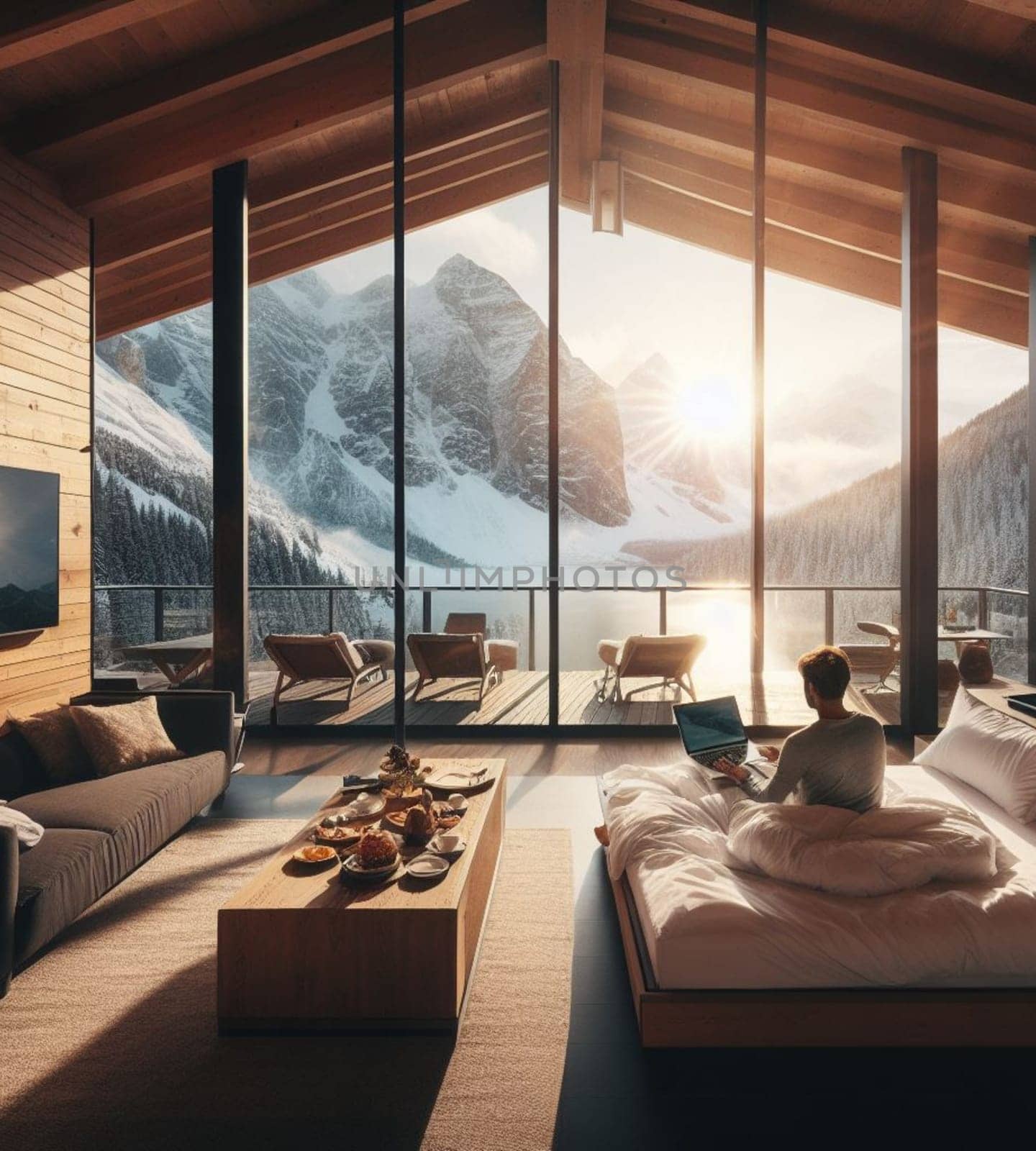 digital influencer nomad comfortable trade remote work laptop luxury cabin wintertime mountain view generative ai art
