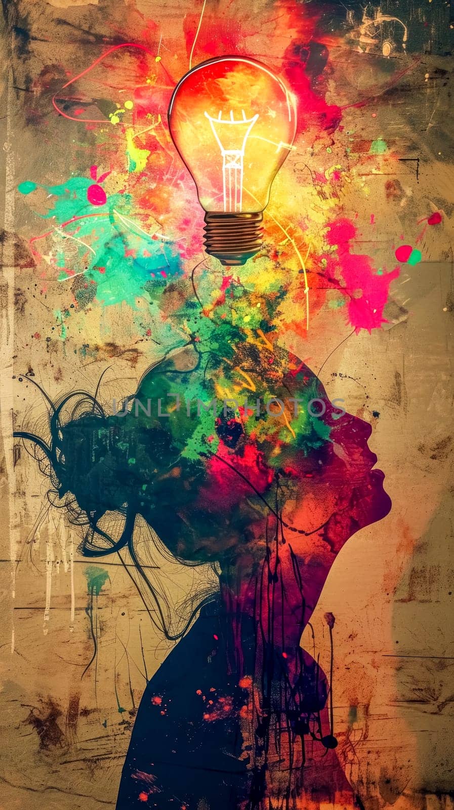 artistic silhouette of a human head with a bright lightbulb symbolizing an idea, surrounded by a splatter of vivid colors on a textured background, depicting innovation and creativity. by Edophoto