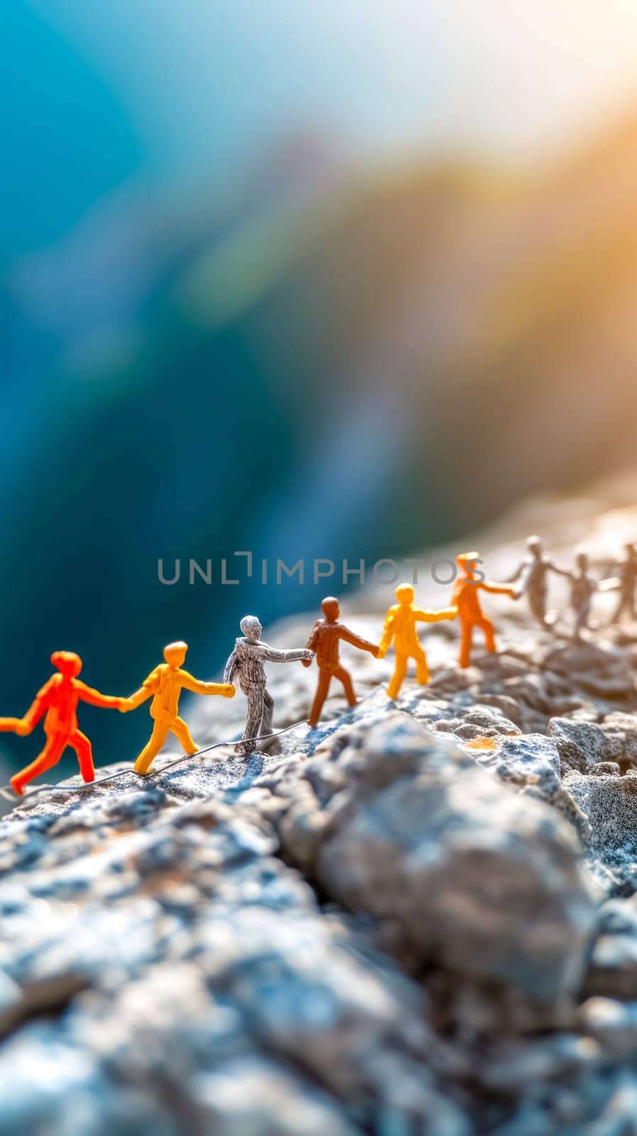 row of miniature figures in various colors holding hands atop a rugged terrain, symbolizing unity, teamwork, and cooperation against a blurred natural backdrop, illuminated by a soft light. by Edophoto