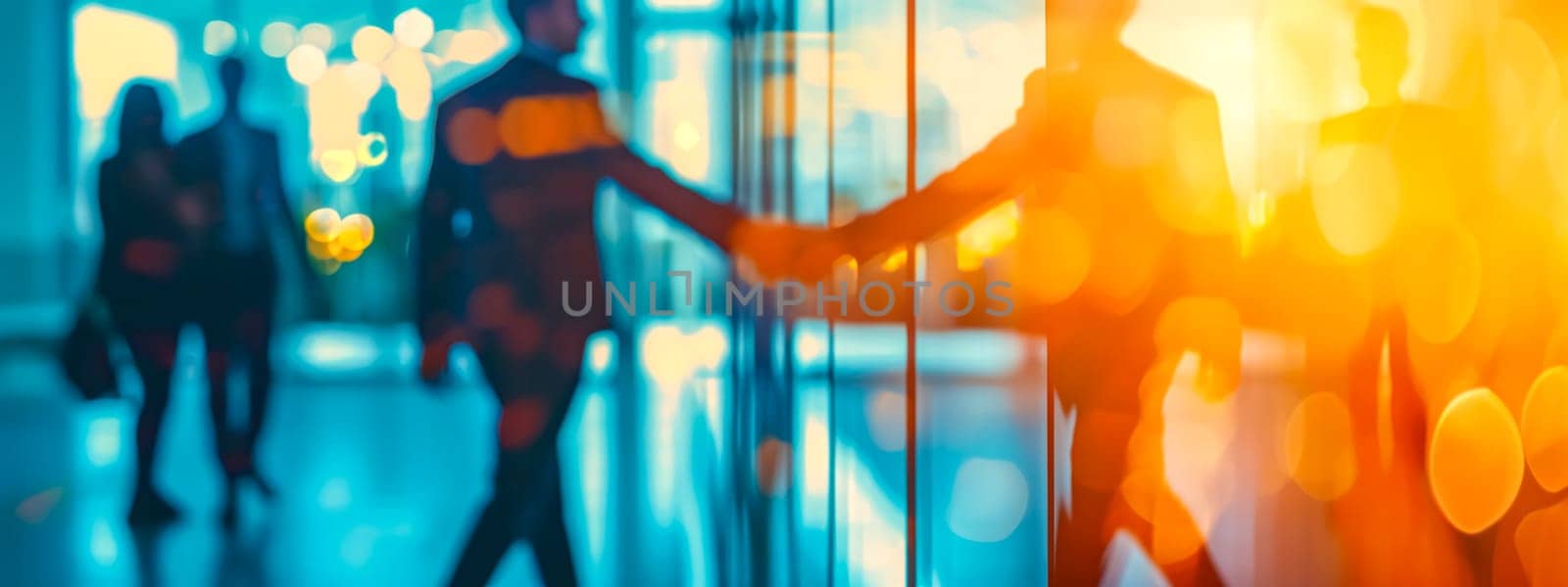 blurred photograph of two people shaking hands in a corporate environment, with a warm bokeh light effect that creates an atmosphere of partnership and success. banner