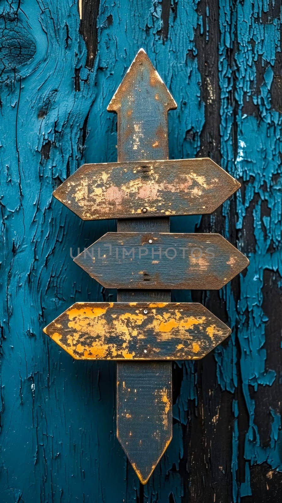 vertical trio of weathered, metal directional arrows on a flaking blue wooden background, each arrow pointing in opposite directions, depicting choice, decay, and the passage of time by Edophoto