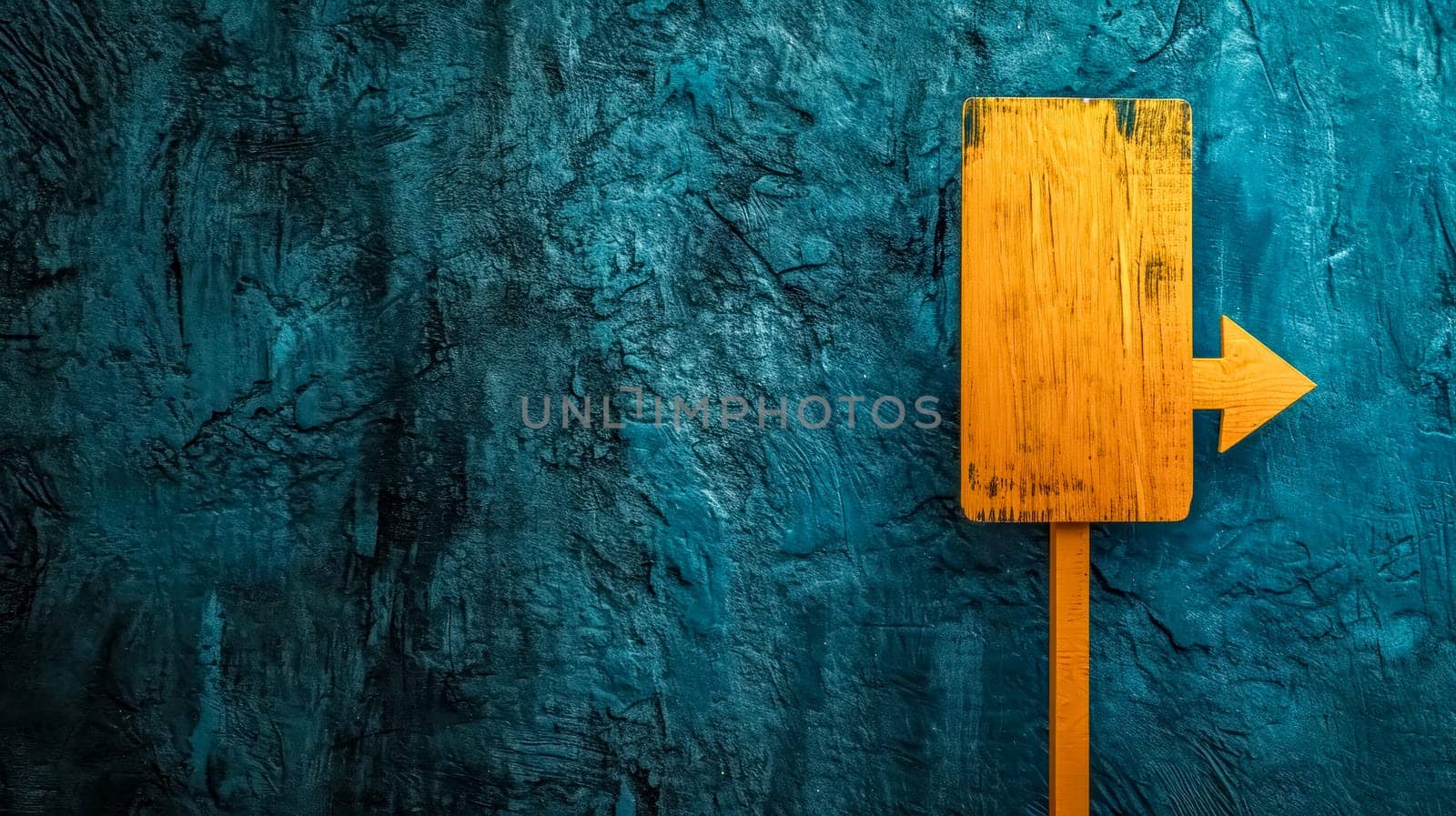striking wooden directional arrow sign in a bold orange hue, mounted on a heavily textured turquoise wall, pointing to the right, suggesting guidance, choice, and the concept of moving forward by Edophoto