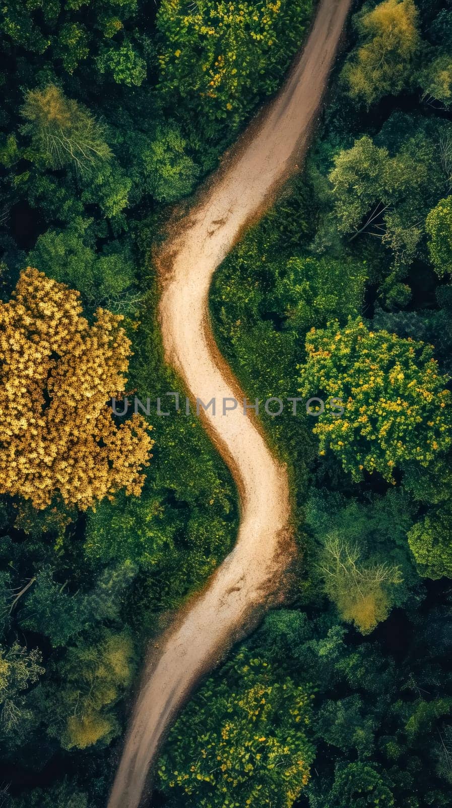 bird's-eye view of a winding dirt path splitting into two separate trails amidst a dense green forest, embodying the metaphor of choice and the divergent paths one can take in life by Edophoto