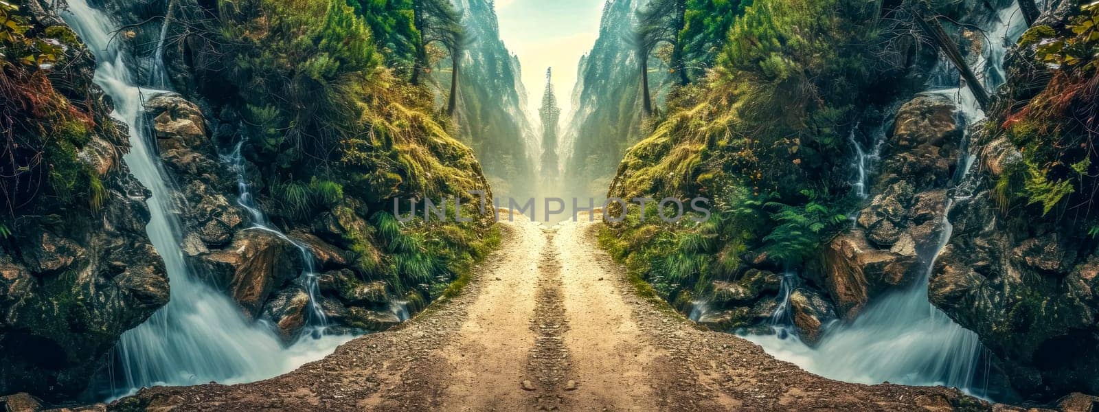A captivating dirt road, flanked by cascading waterfalls and verdant cliffs, leads into a mystical misty horizon, creating a sense of adventure and discovery. banner