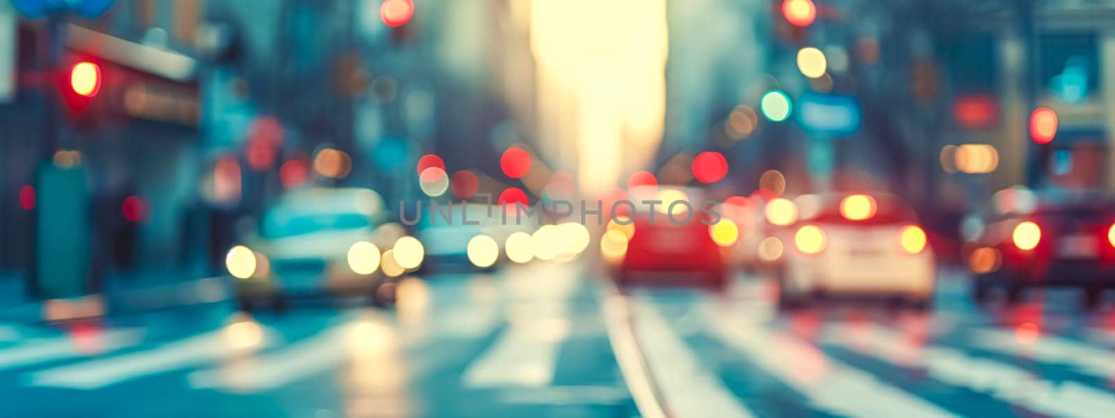 blurred city street scene with bokeh lights from traffic signals and cars, creating an urban atmosphere. banner with copy space
