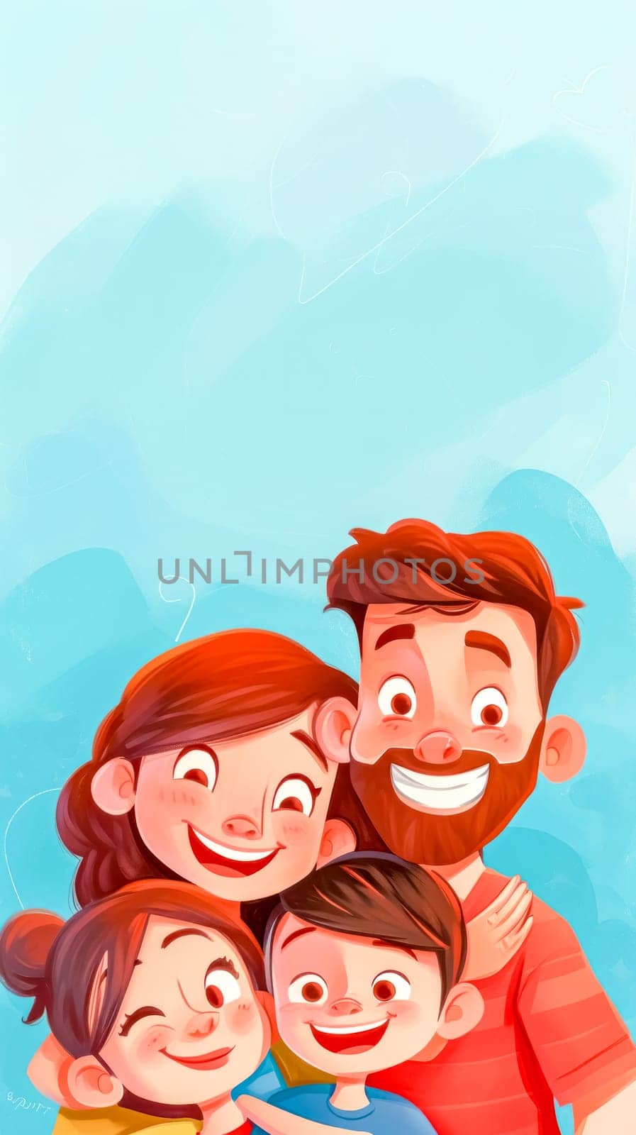 happy cartoon family with a father, mother, daughter, and son smiling together against a light blue background by Edophoto