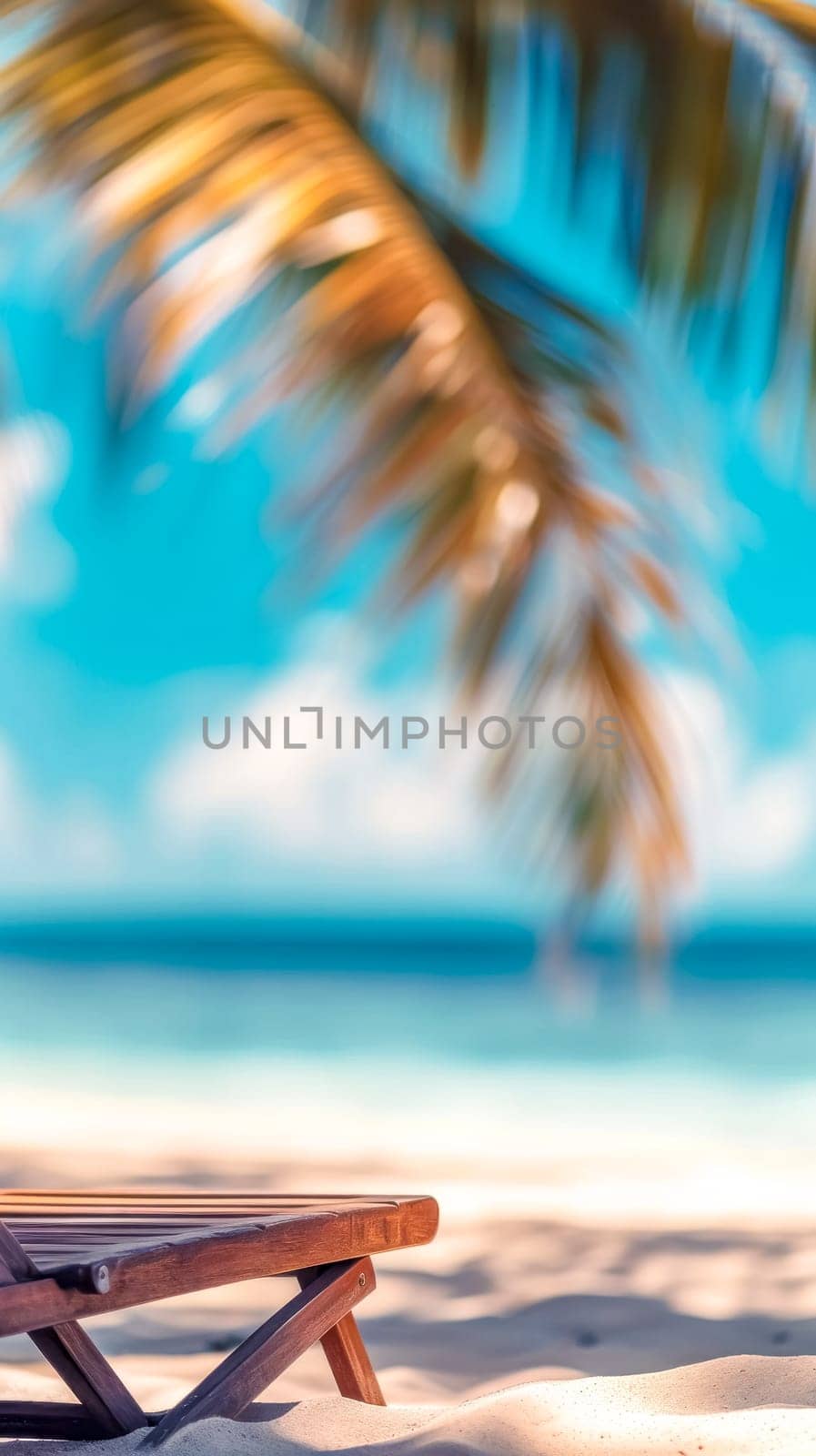 vacation, single wooden sun lounger on a sandy beach with a softly focused palm tree overhead against a turquoise sea and blue sky, invoking a sense of a peaceful holiday retreat. by Edophoto