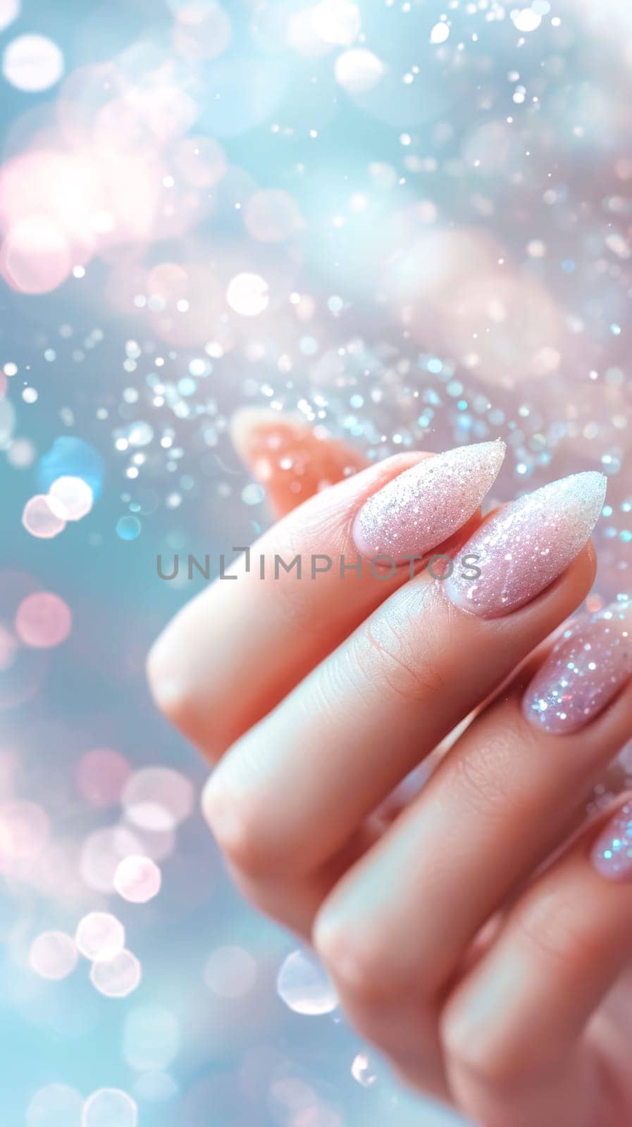 hand showing off beautifully manicured nails with a sparkling, glittery finish, set against a soft, dreamy background with light bokeh, conveying a sense of elegance and attention to beauty detail.