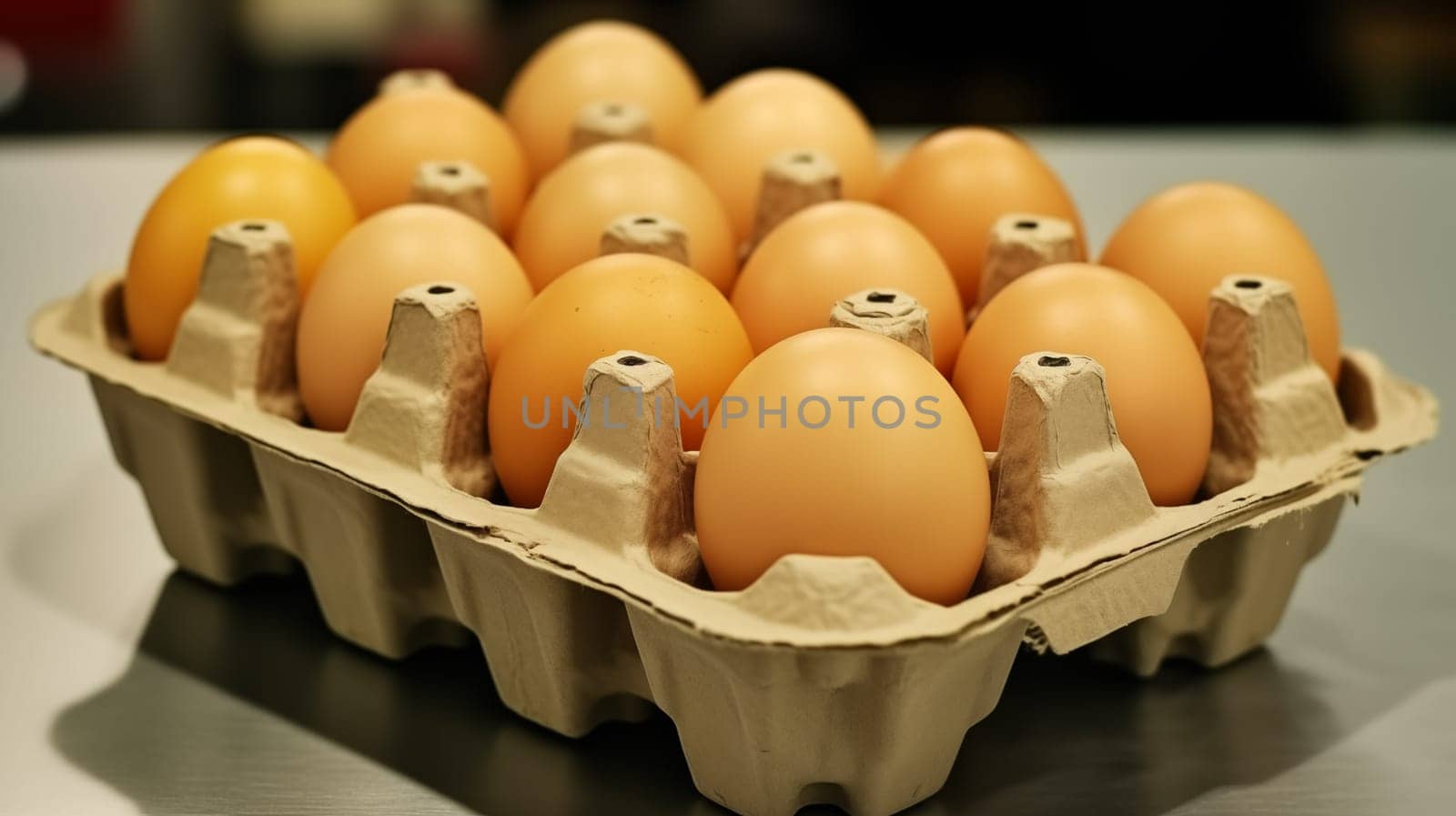 A gold-colored eggs lie in a cardboard package on the table. Close up