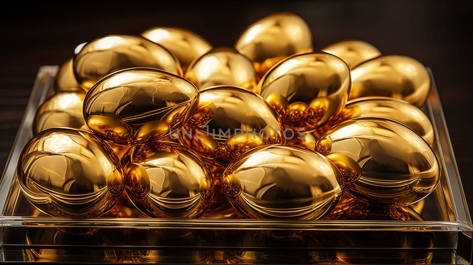 Close up of beautiful luxary glossy golden metal eggs lie on box on dark background .