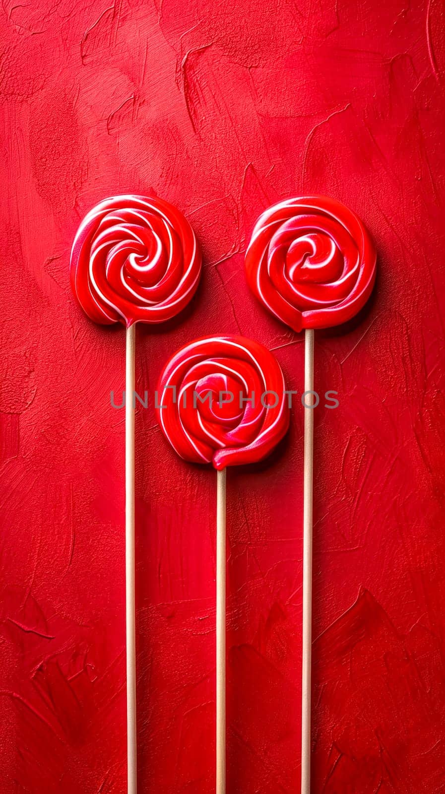 three red and white swirled lollipops on sticks aligned vertically against a textured red background, vertical