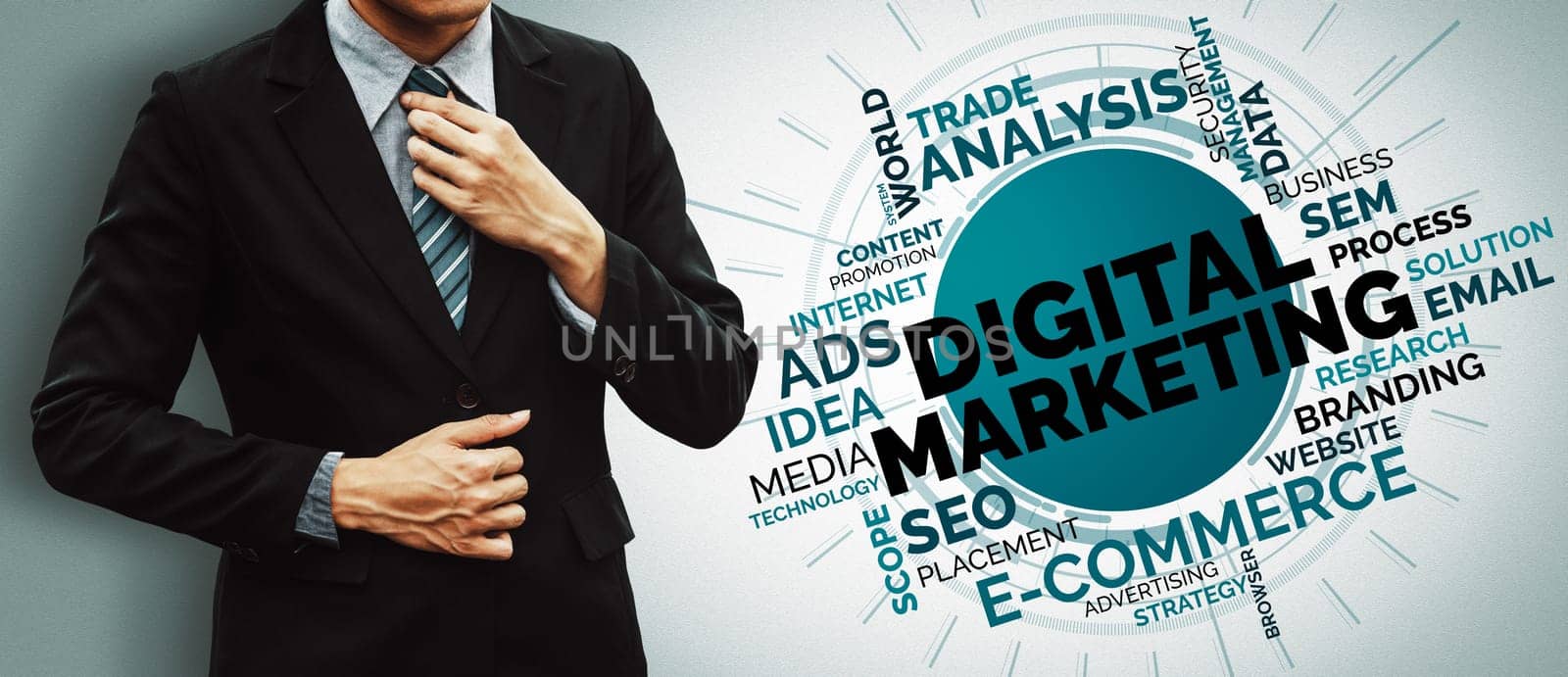 Digital Marketing Technology Solution for Online Business Concept - Graphic interface showing analytic diagram of online market promotion strategy on digital advertising platform via social media. uds