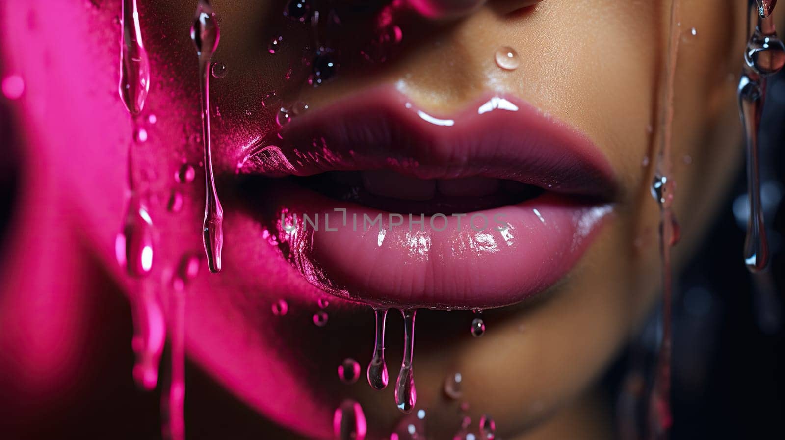 Juicy female lips with pink lipstick and water drops in neon lighting.