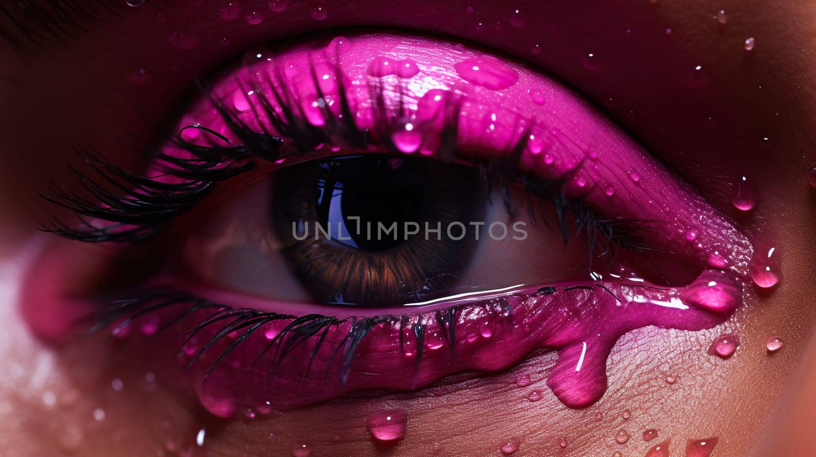 Makeup of a female eye with pink gel shadows with water drops in neon lighting.