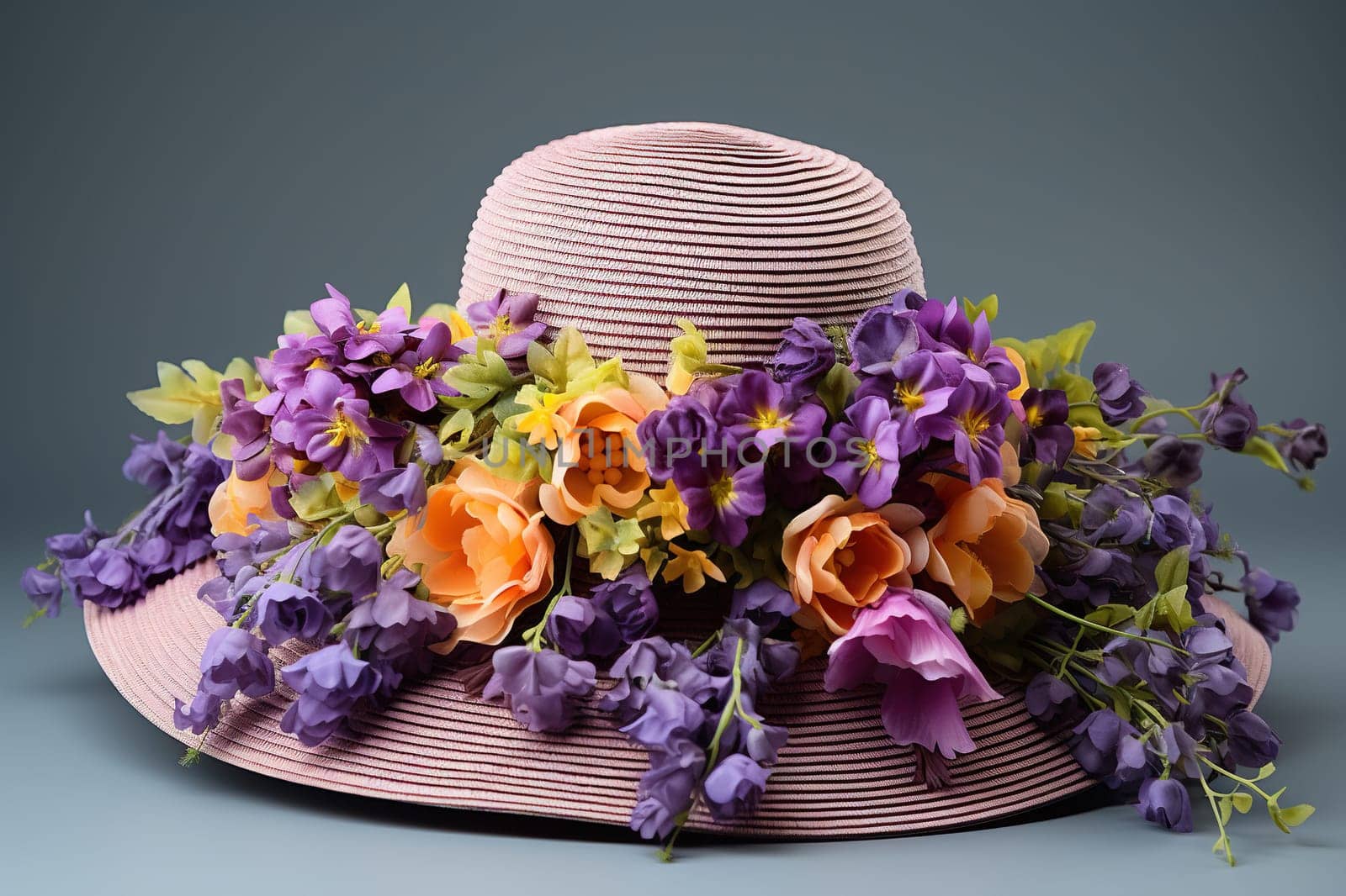 Women's hat with a wide brim and many purple flowers.