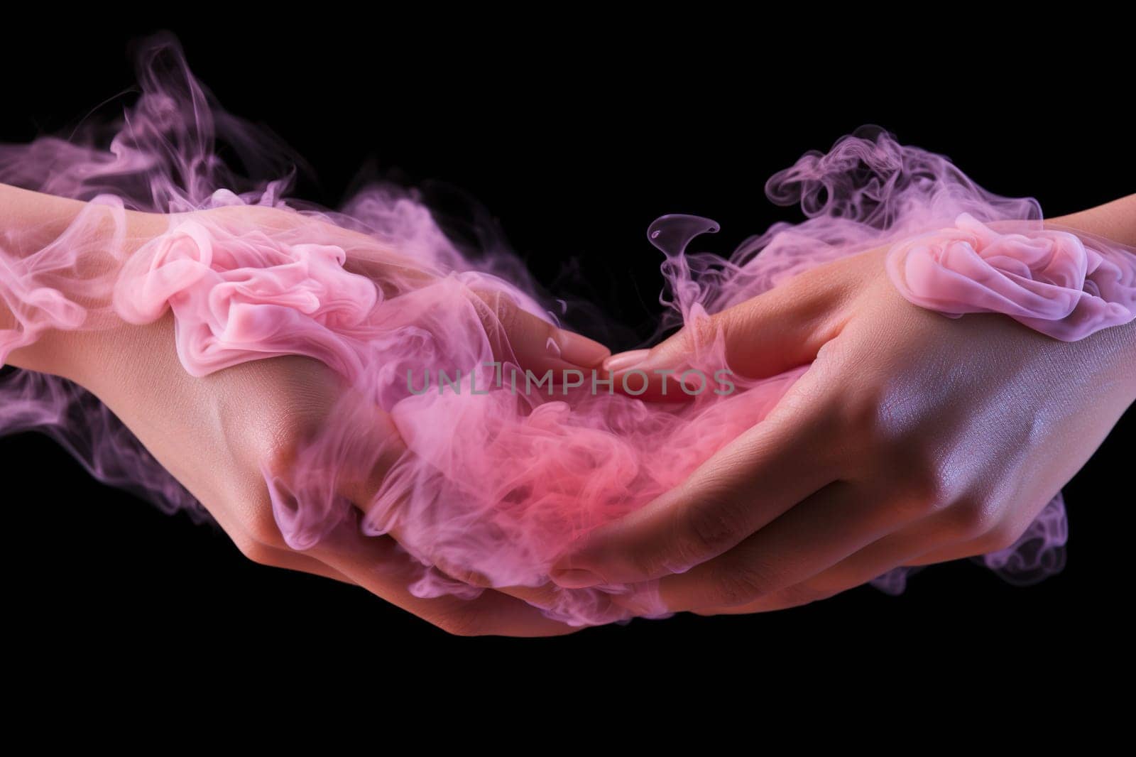 Two female hands connect in puffs of pink smoke on a black background. Generated by artificial intelligence by Vovmar