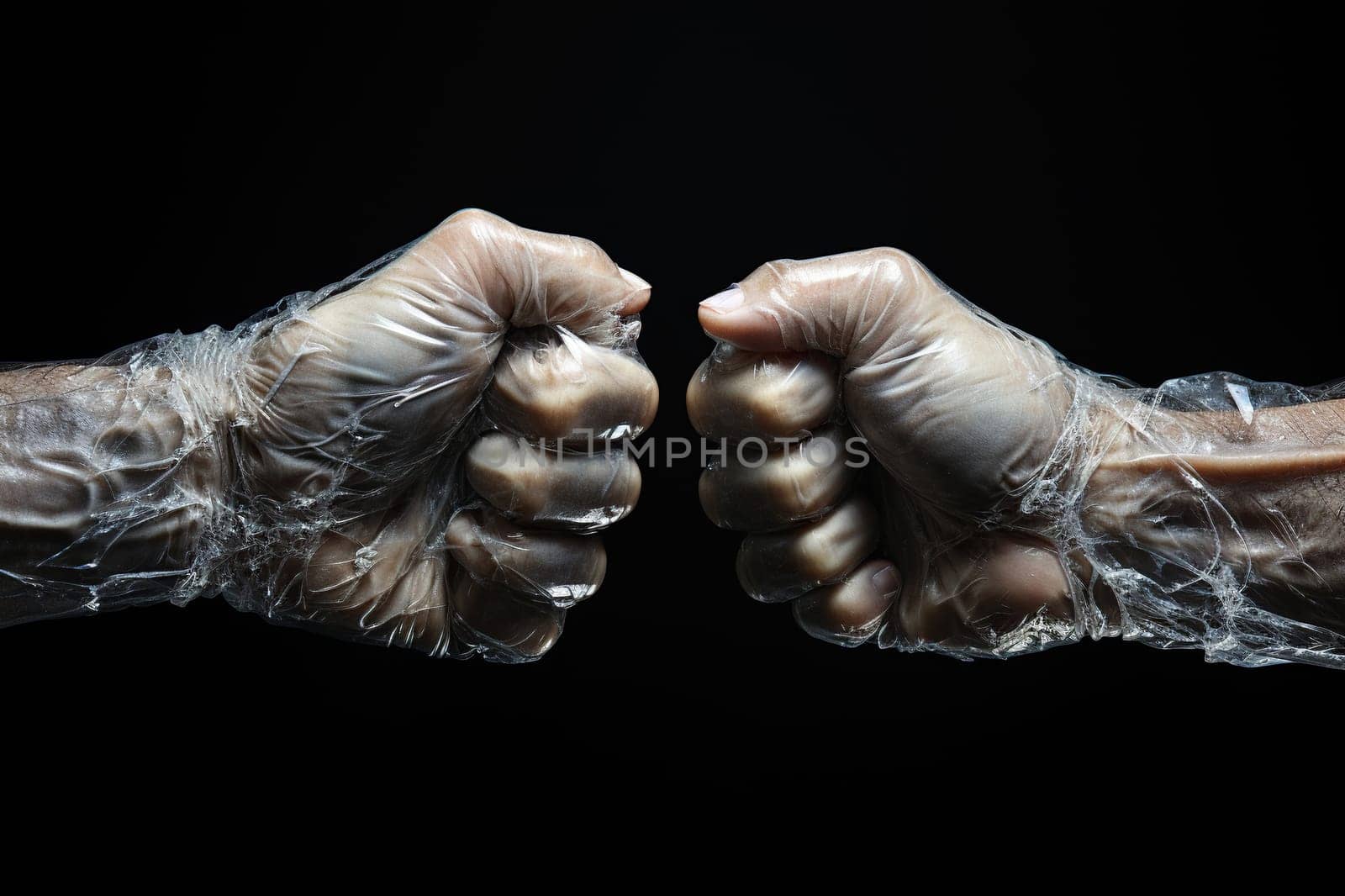 Two men's fists on a black background. Concept of conflict, complex relationships.