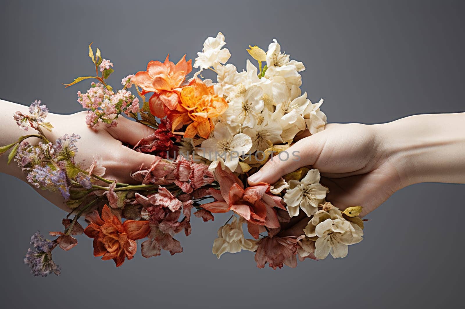 Contact of two hands with flowers between them on a gray background.