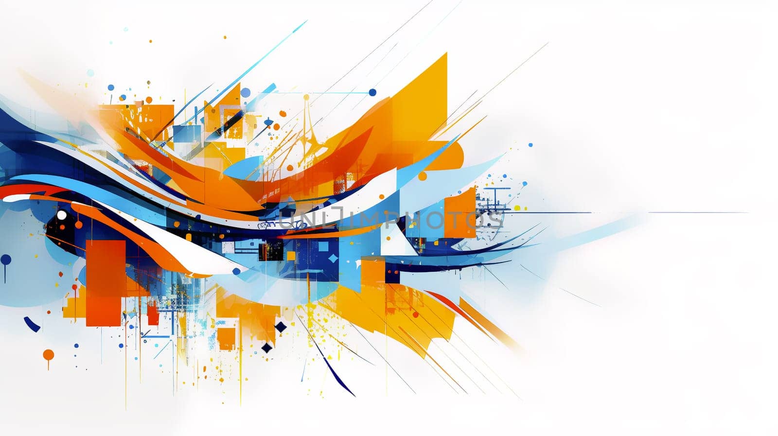 Dynamic abstract composition with vibrant blue and orange elements