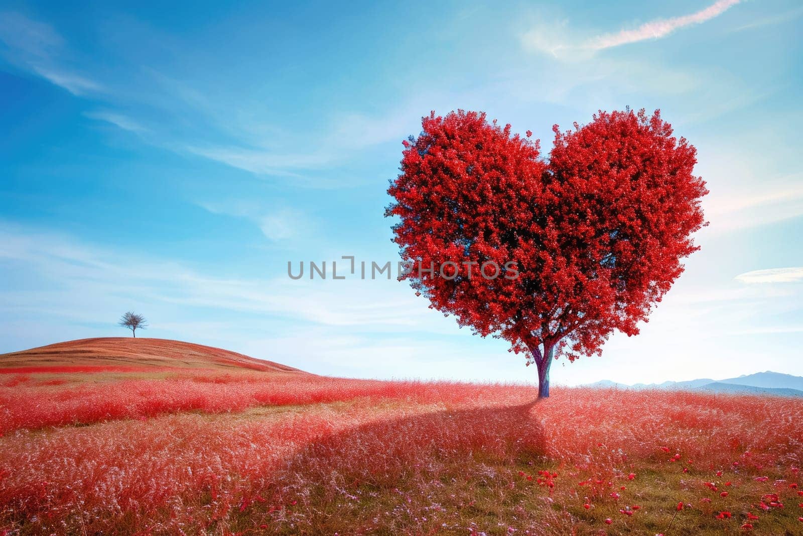 red tree of love in red flower field pragma