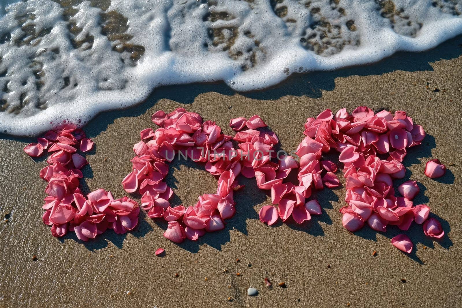 romantic beach of love rose petals on the coastline wide view pragma