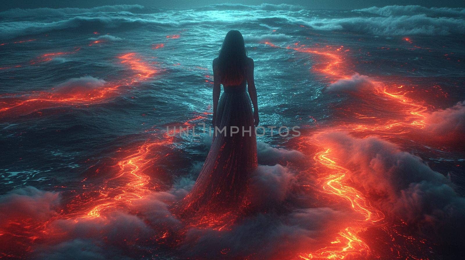 A mysterious girl in a dress stands in the water, which is enveloped in a mystical light. High quality illustration