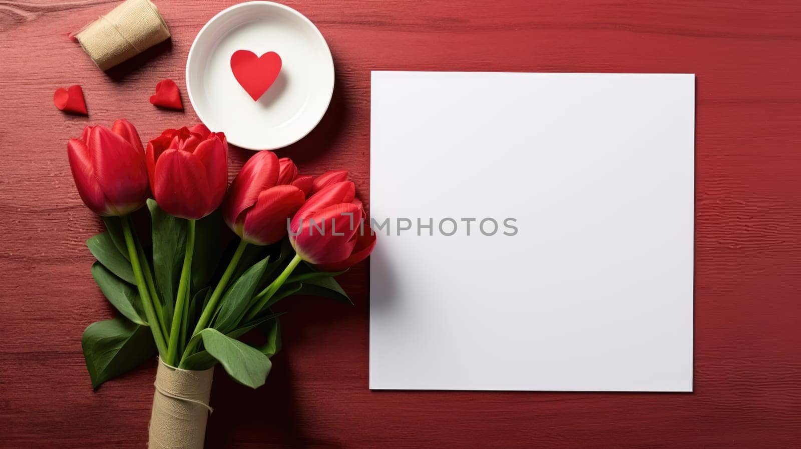 Valentine mockup invitation cards, craft envelopes, pink flowers and green leaves on red background. Overhead view. Flat lay, top view invitation card. Copy space