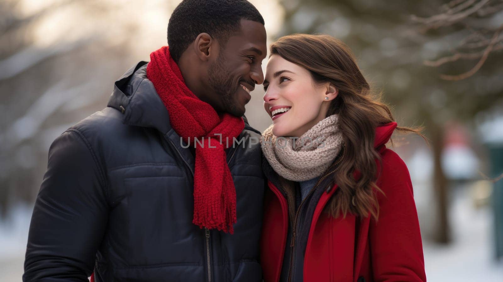 Beautiful young couple hugging, kissing celebrating St Valentine's Day outside. African american guy and caucasian girl in love