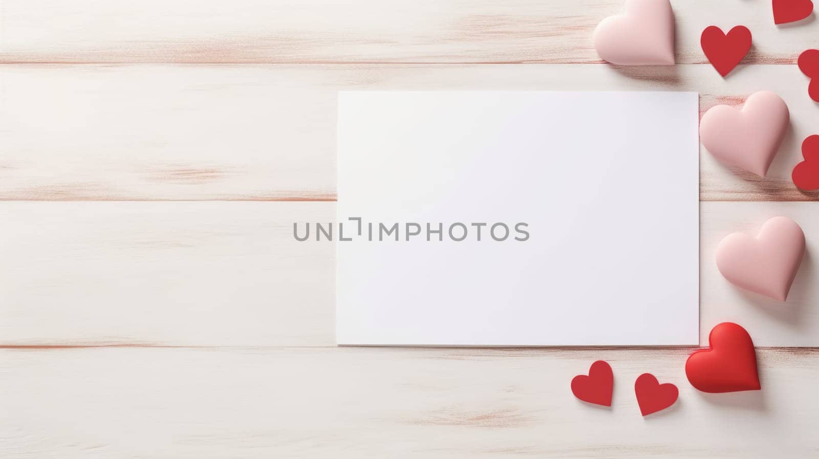 Mockup invitation cards, craft envelopes, pink red hearts on pink background. Overhead view. Flat lay, top view invitation card. Copy space