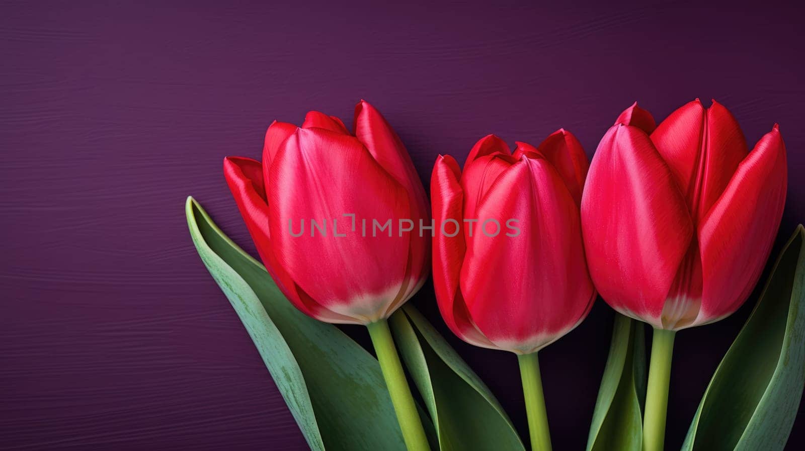 Wonderful spring tulips on the purple background. Top view image. Copy space.