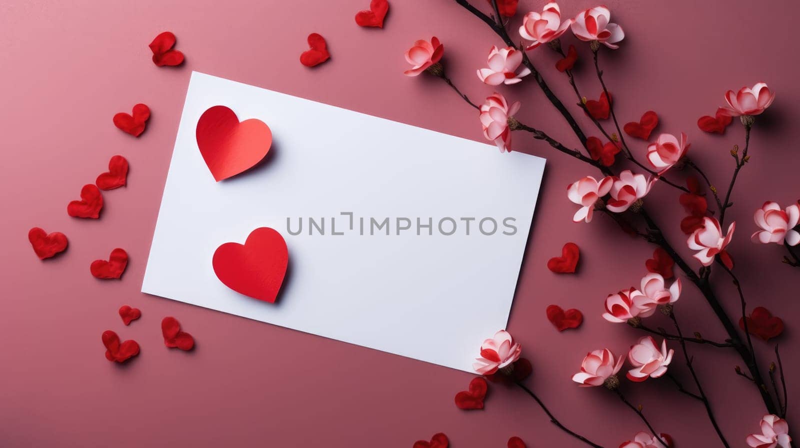 Mockup invitation cards, craft envelopes, pink red hearts on pink background. Overhead view. Flat lay, top view invitation card. Copy space. by JuliaDorian