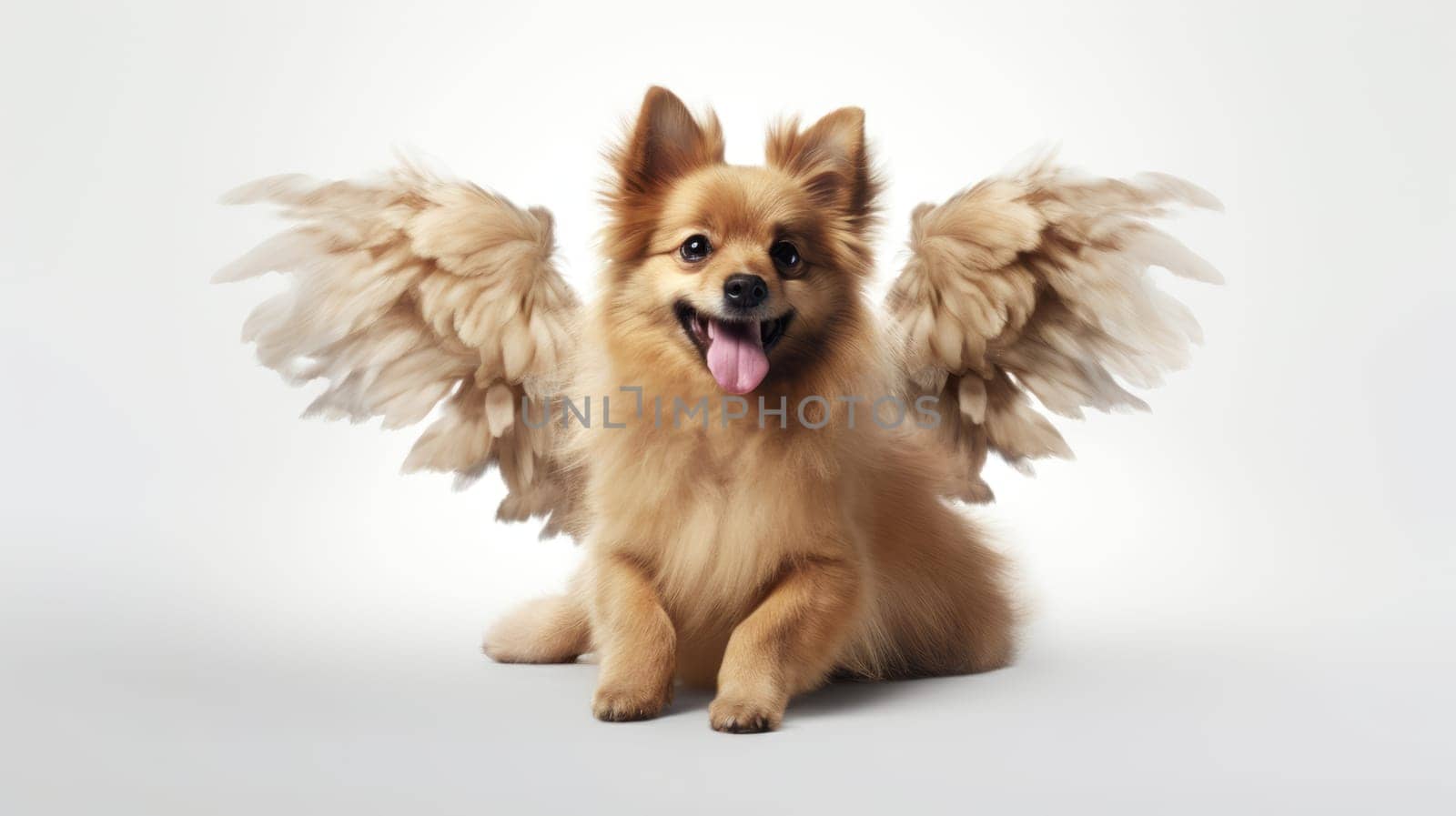 Happy cute small dog with golden wings on white background celebrating Valentine day. Valentine's day, birthday, mother's, women's day, holidays concept. Small fluffy cupid. by JuliaDorian