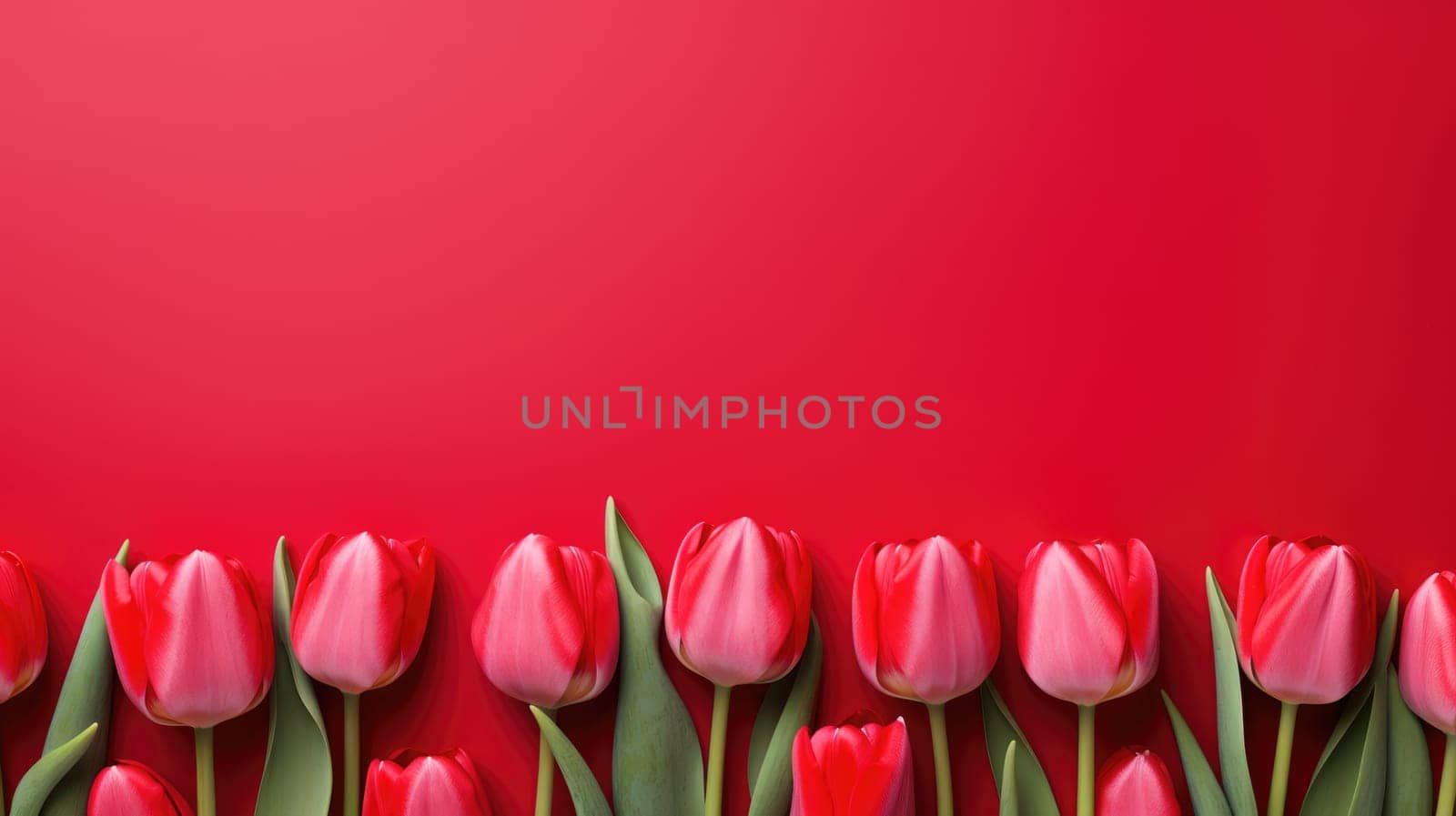 Wonderful spring tulips on the red background. Top view image. Copy space.