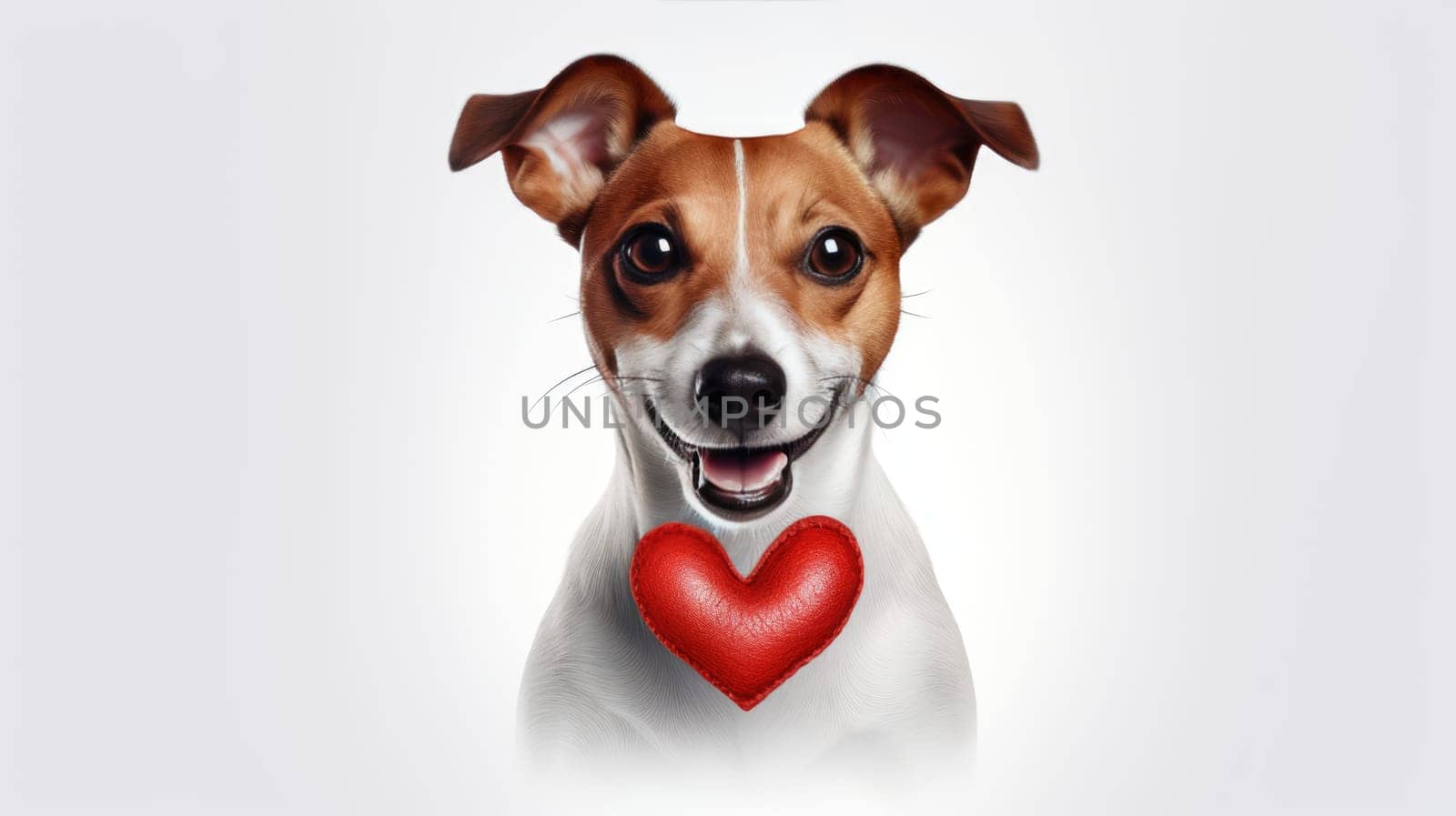 Happy cute small dog with red heart on white background celebrating Valentine day. Valentine's day, birthday, mother's, women's day, holidays concept. by JuliaDorian