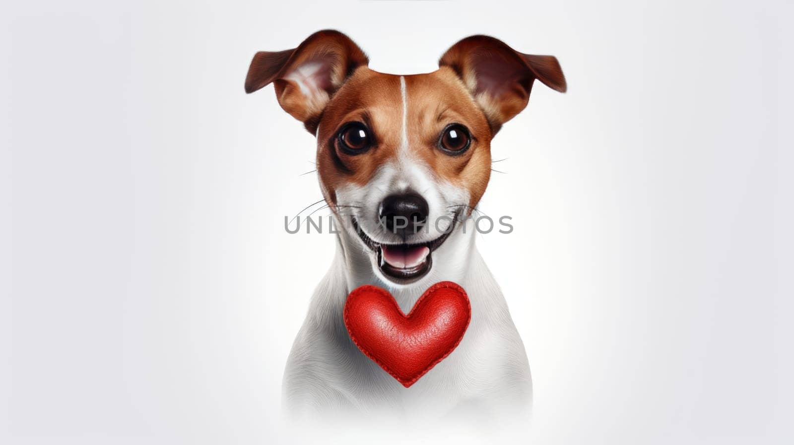 Happy cute small dog with red heart on white background celebrating Valentine day. Valentine's day, birthday, mother's, women's day, holidays concept