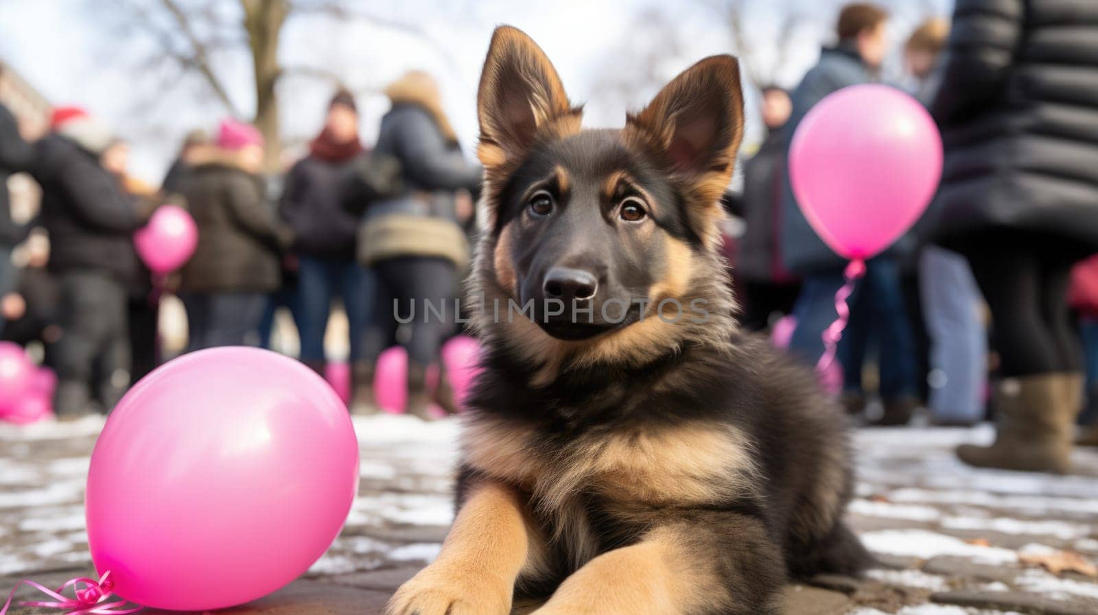 Lovely German shepherd puppy with Valentine's day pink balloons lying on the street.