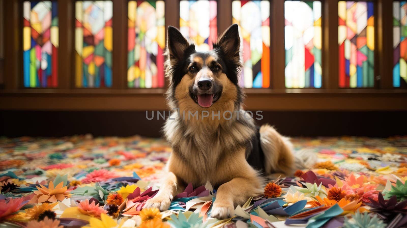 Lovely German shepherd dog with Valentine's day colorful paper flowers on the floor. by JuliaDorian