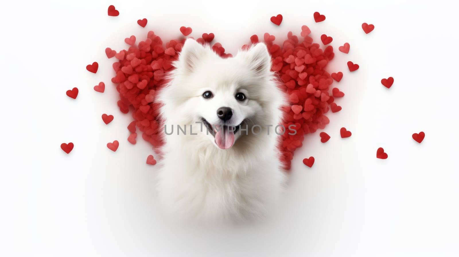 Happy cute small dog with red hearts on white background celebrating Valentine day. Valentine's day, birthday, mother's, women's day, holidays concept. by JuliaDorian