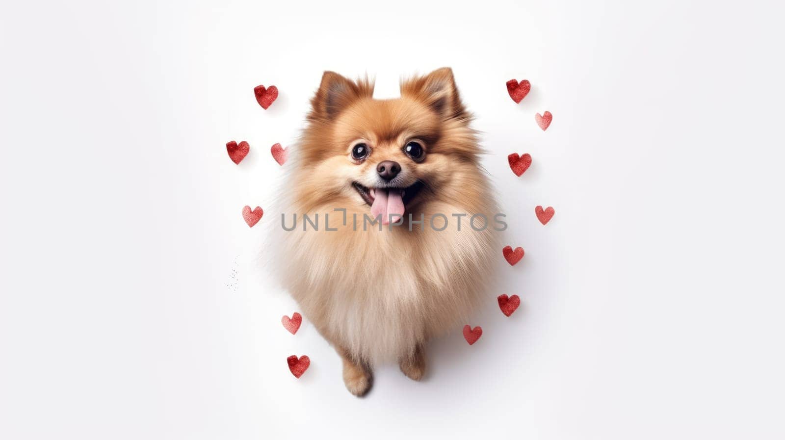 Happy cute small dog with red hearts on white background celebrating Valentine day. Valentine's day, birthday, mother's, women's day, holidays concept. by JuliaDorian