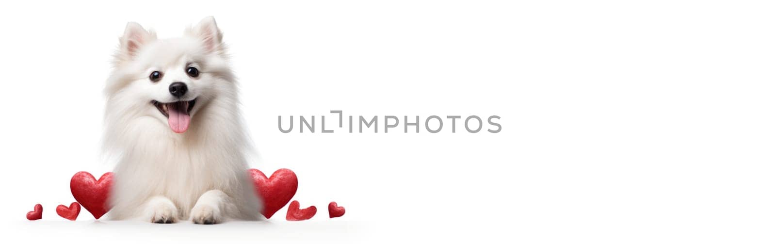 Banner of happy cute small dog with red hearts on white background celebrating Valentine day. Valentine's day, birthday, mother's, women's day, holidays concept. by JuliaDorian